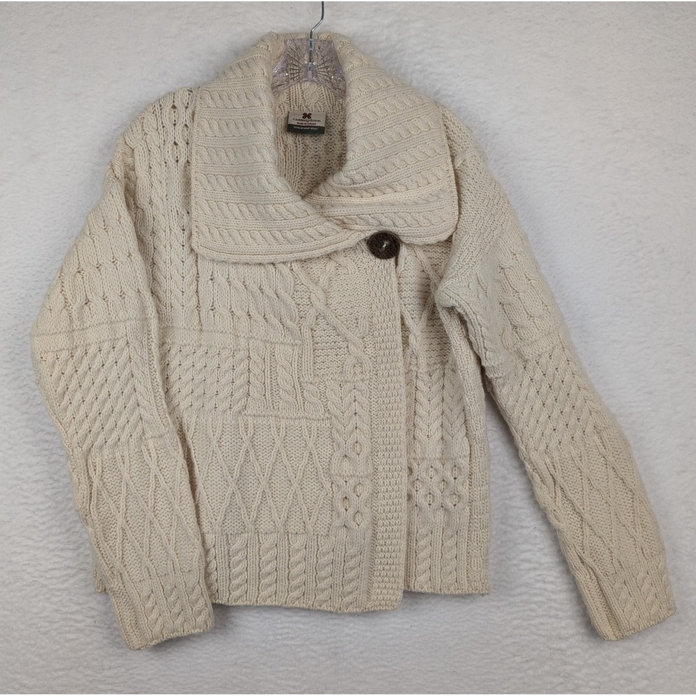 Carraig Donn Merino Wool Cardigan Sweater Womens Medium Cable Knit Ireland Cream